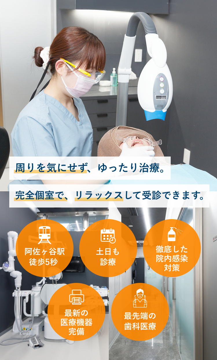 周りを気にせず、ゆったり治療。完全個室で、リラックスして受診できます。